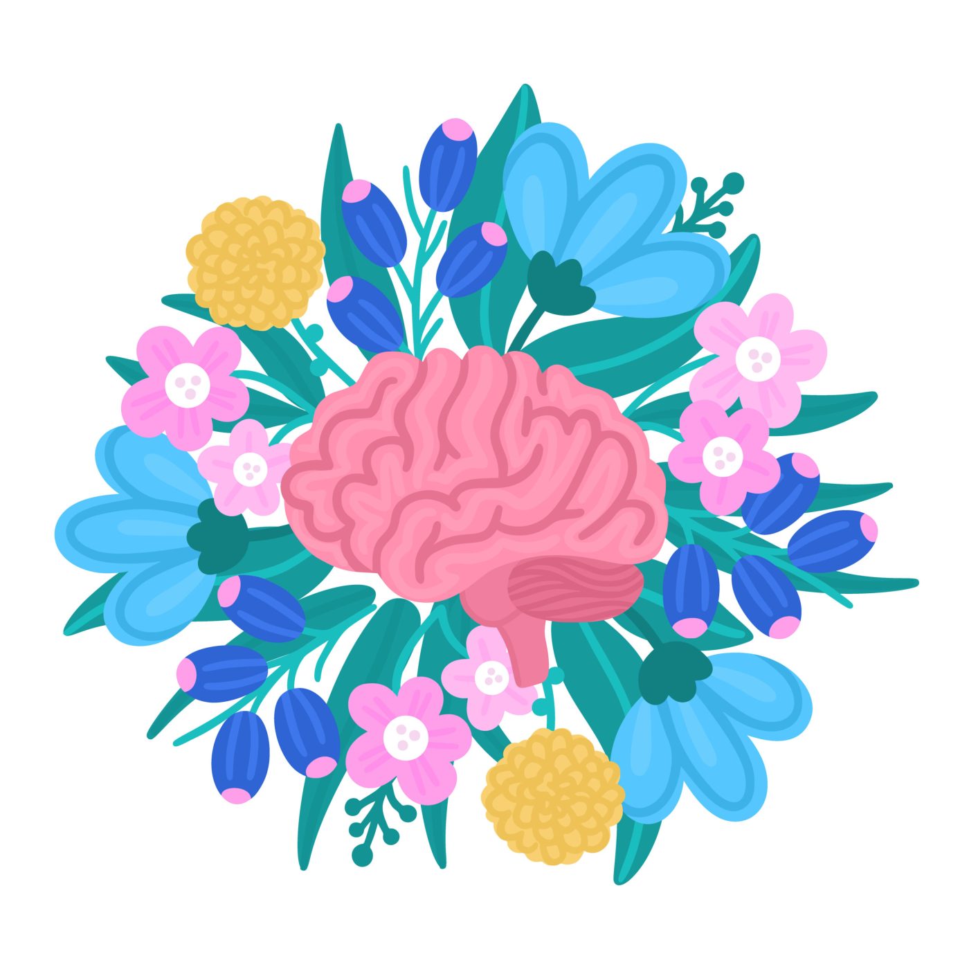 Vector healthy brain on flowers. Illustration for label of medicine, advertisement poster or banner for psychologist or psychotherapist, design for website or article about mental health